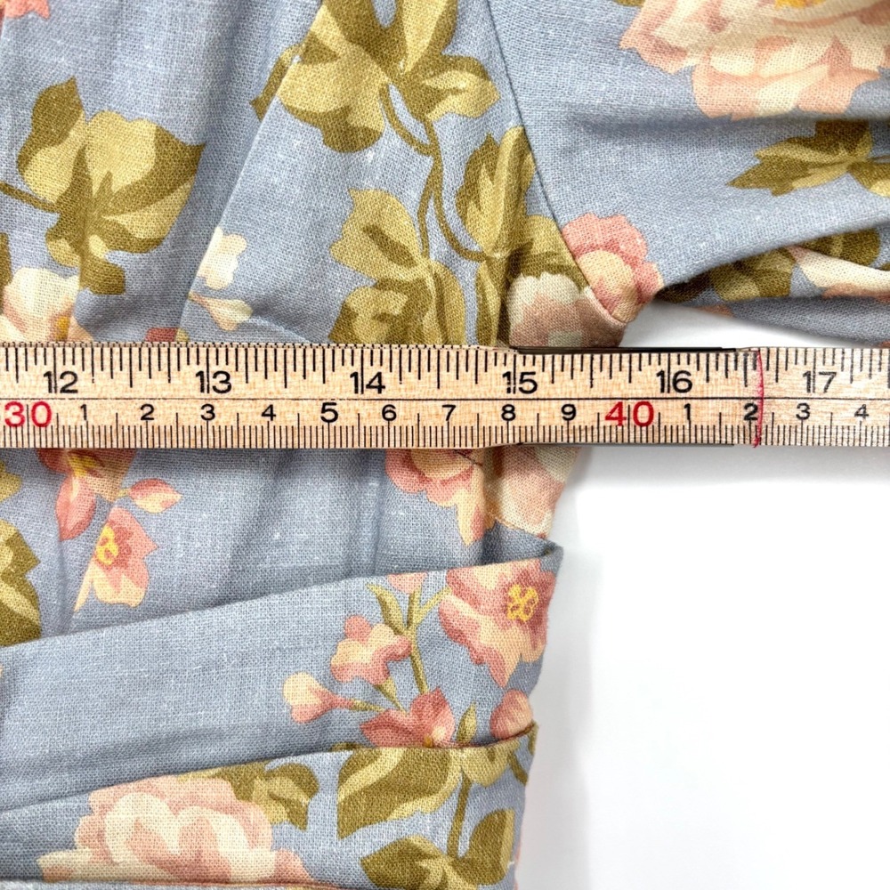 Yumi Kim Gayle Dress Sz XS Blue Pink Linen Blend Floral Puff Sleeve V Neck Midi - Picture 14 of 16